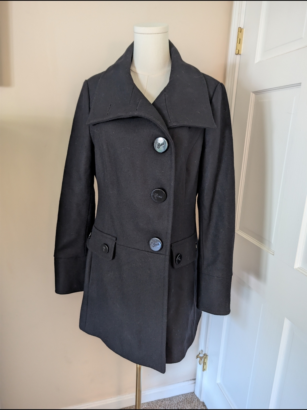 GUESS Black Wool Blend Double Breasted Pea Coat Jacket Large Logo Buttons